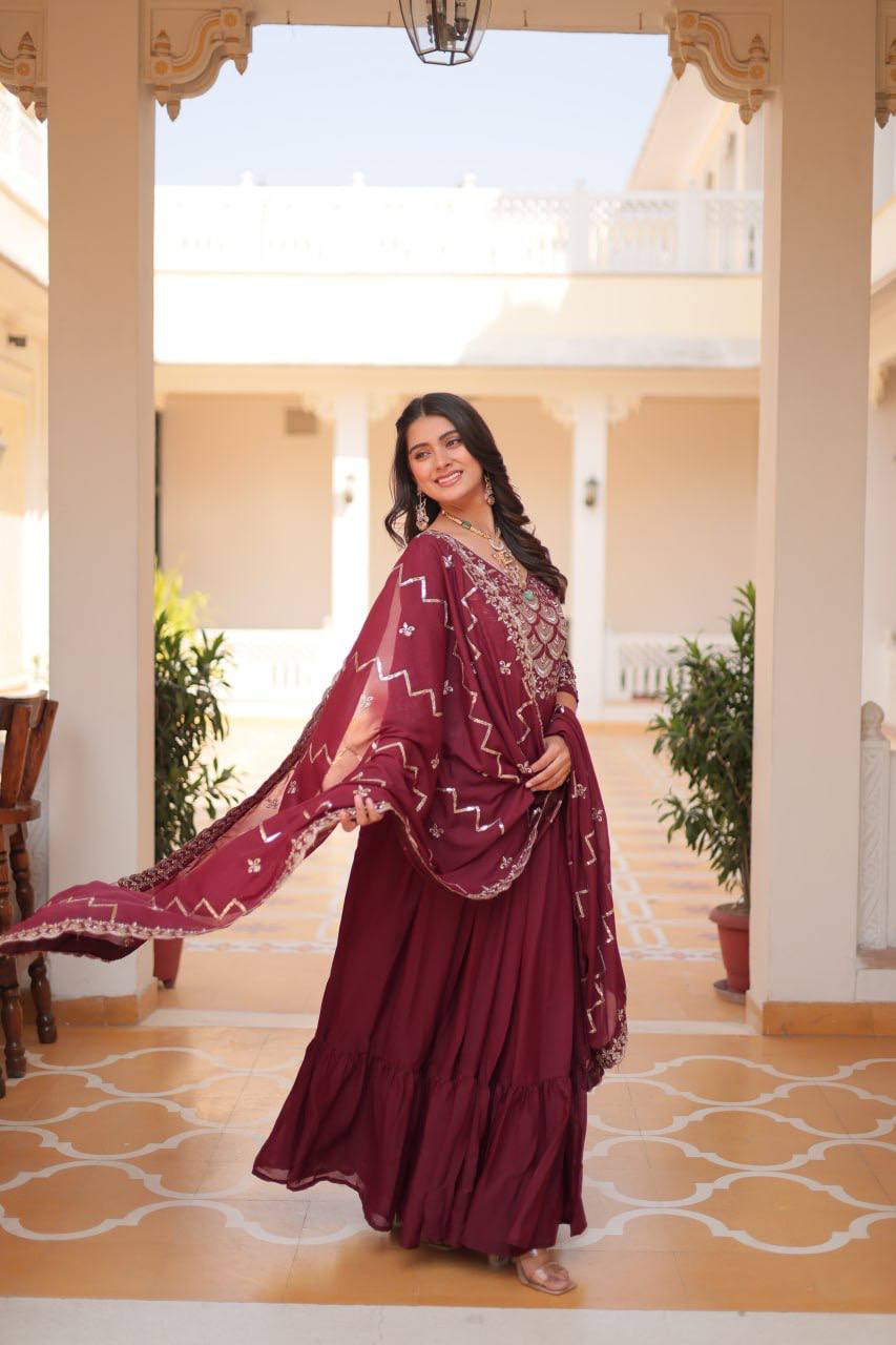 Maroon Designer Long Gown Dress With Dupatta