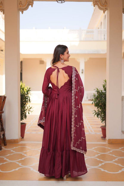Maroon Designer Long Gown Dress With Dupatta