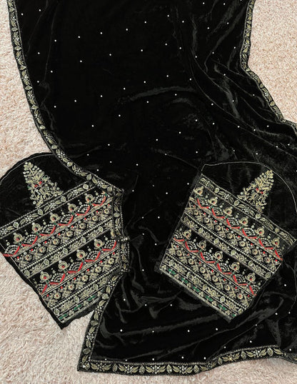 Black Designer Velevet Saree | Replica Design