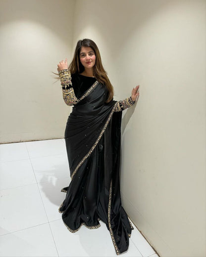 Black Designer Velevet Saree | Replica Design