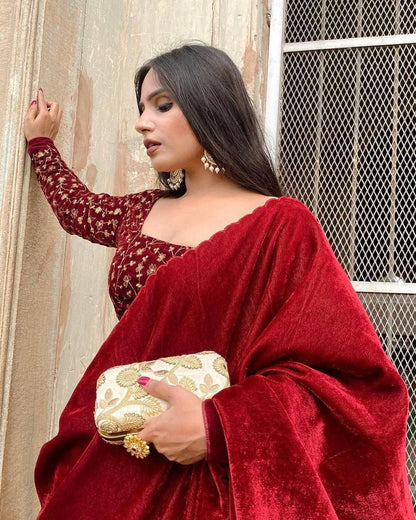 Maroon Designer Velevet Saree | Replica Design