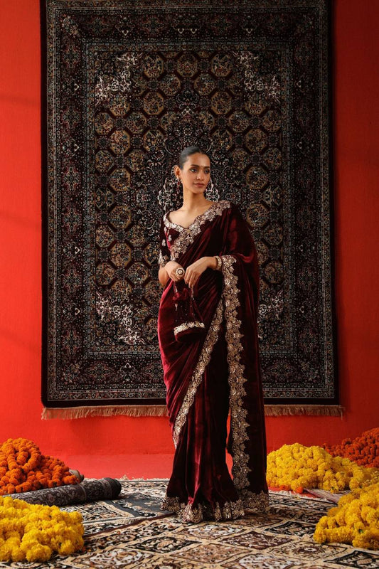 Maroon Designer Wedding Wear Velvet Saree | Replica Design