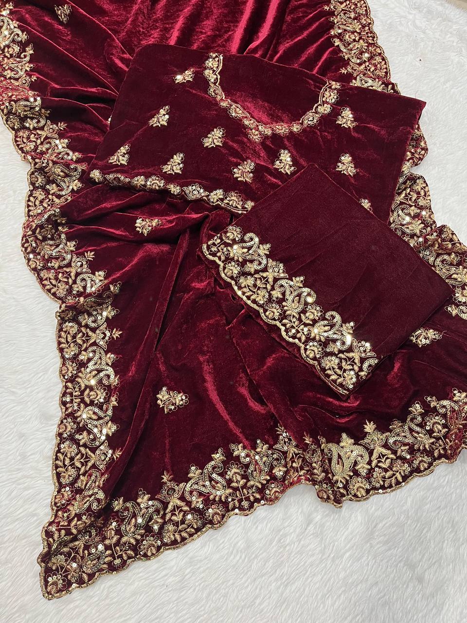 Maroon Designer Wedding Wear Velvet Saree | Replica Design