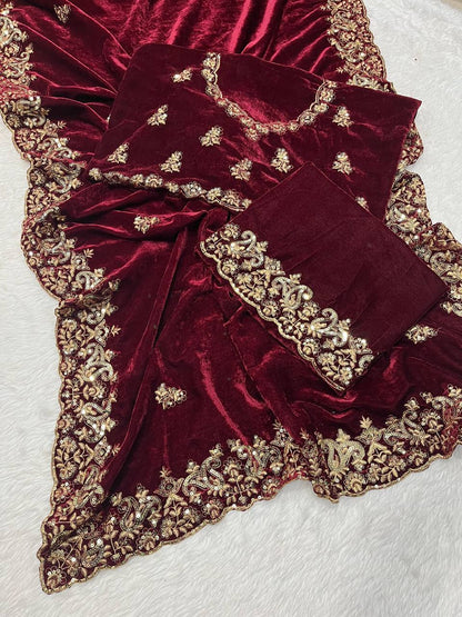 Maroon Designer Wedding Wear Velvet Saree | Replica Design