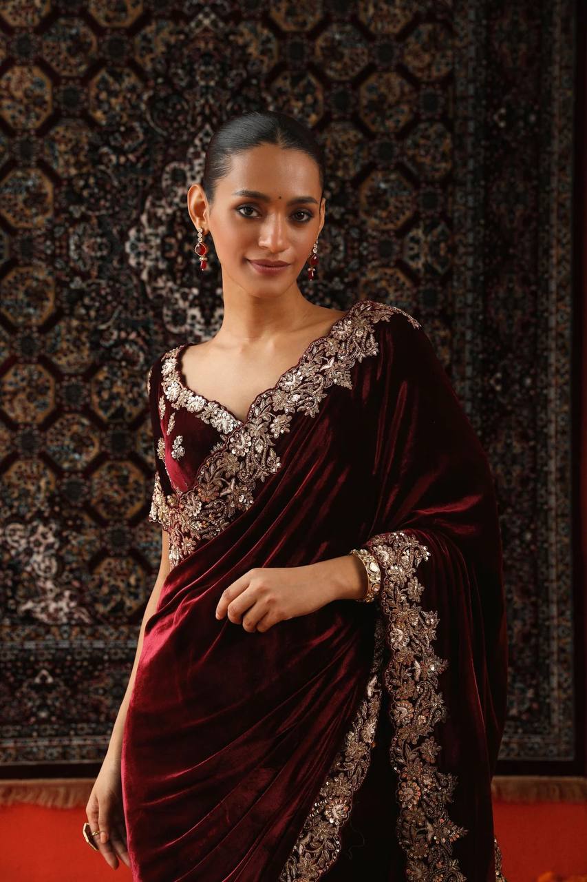 Maroon Designer Wedding Wear Velvet Saree | Replica Design