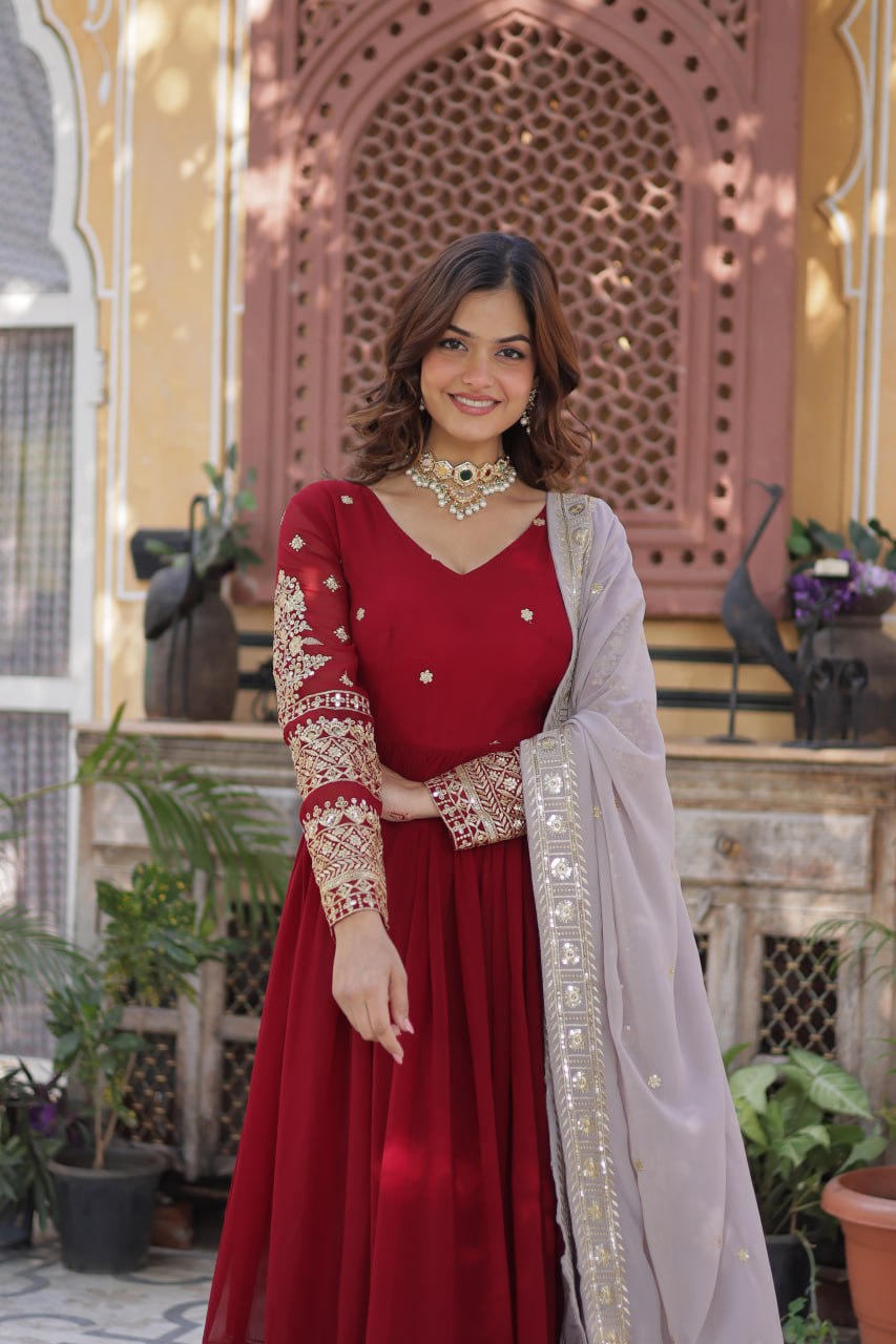 Maroon Georgette Gown Dress With Dupatta