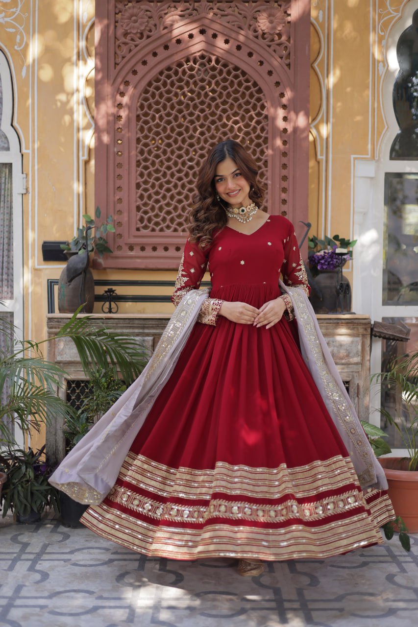 Maroon Georgette Gown Dress With Dupatta