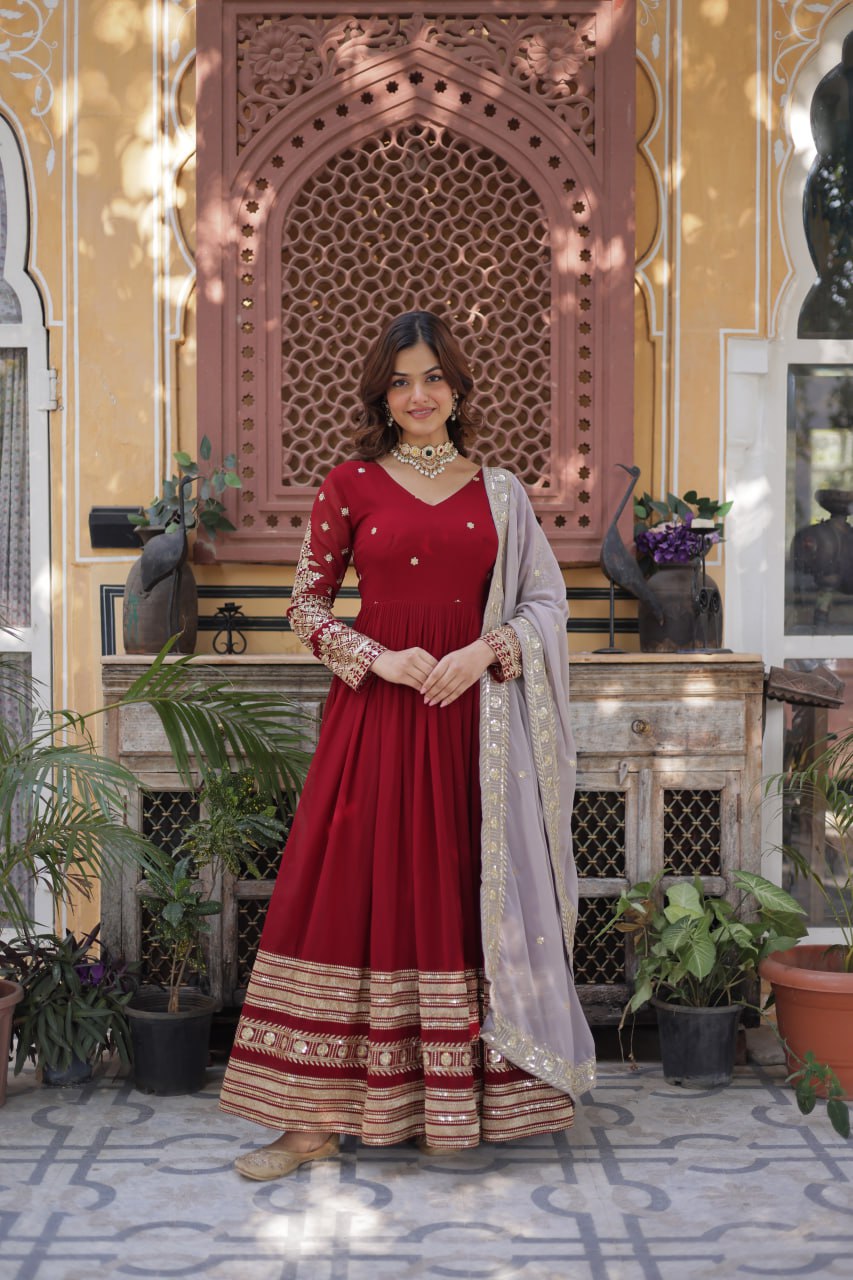 Maroon Georgette Gown Dress With Dupatta