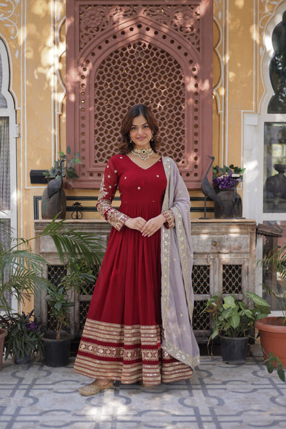Maroon Georgette Gown Dress With Dupatta