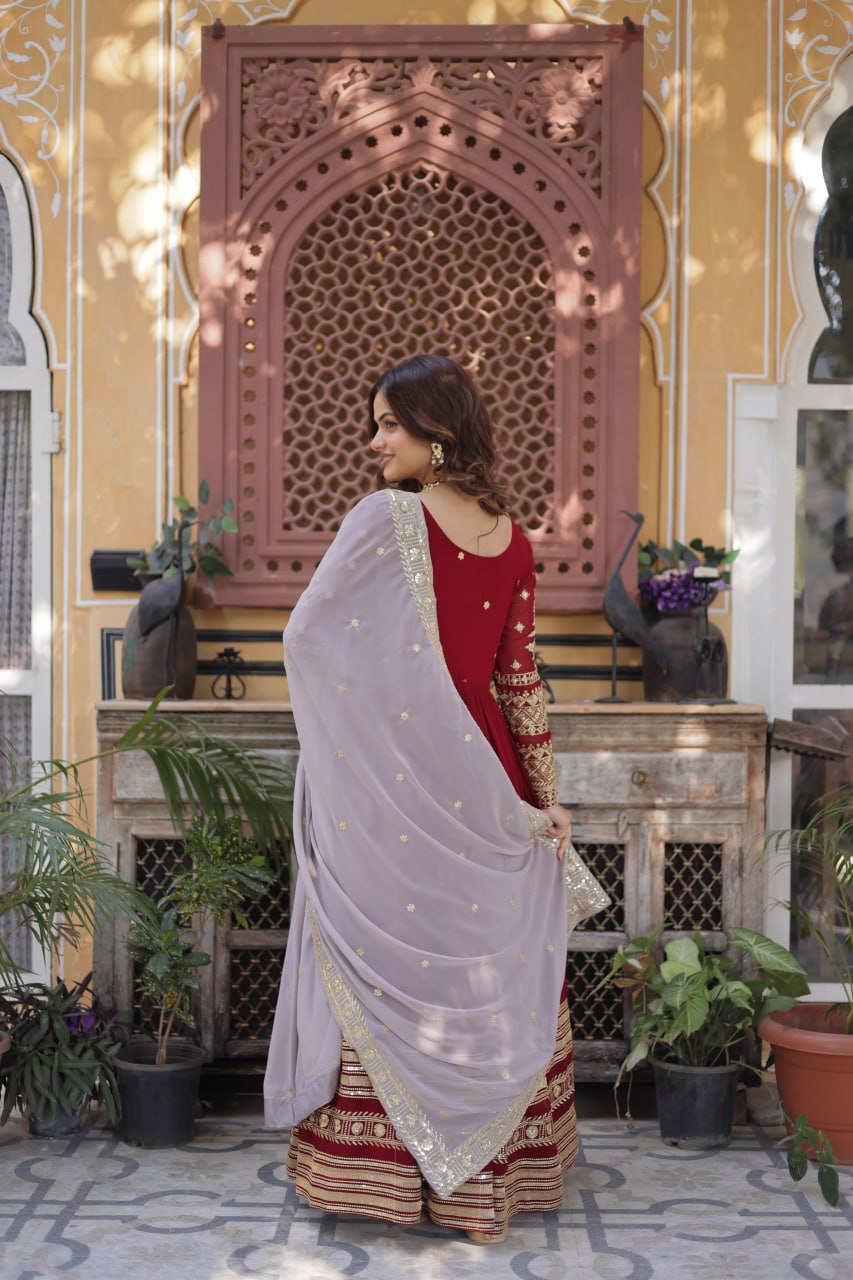 Maroon Georgette Gown Dress With Dupatta