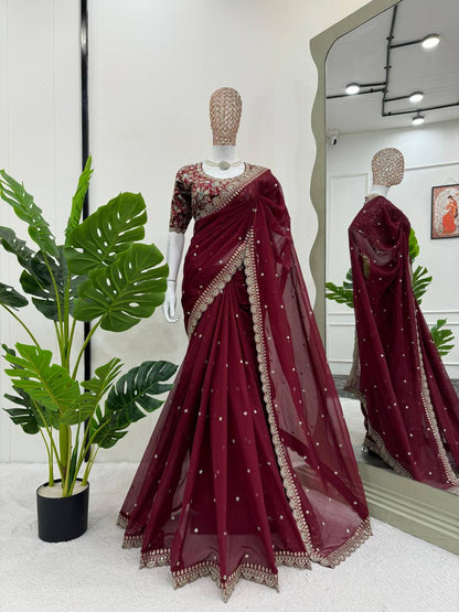 Maroon Heavy Tabby Silk Saree