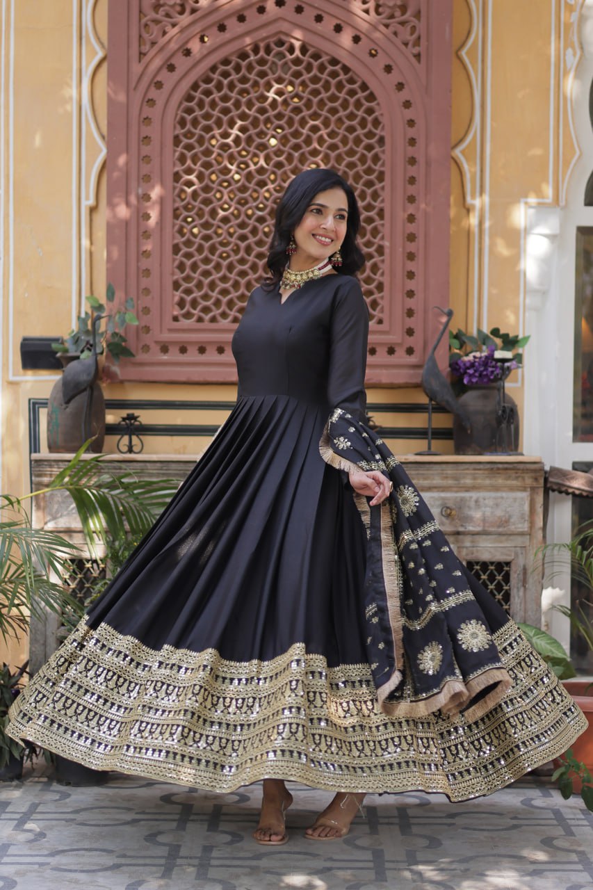 Black Traditional Indian Gown Dress With Dupatta