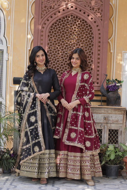 Maroon Traditional Indian Gown Dress With Dupatta