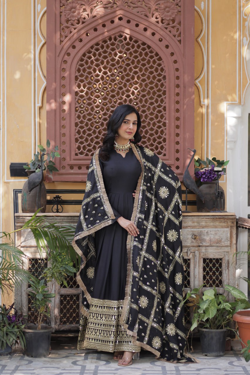 Black Traditional Indian Gown Dress With Dupatta
