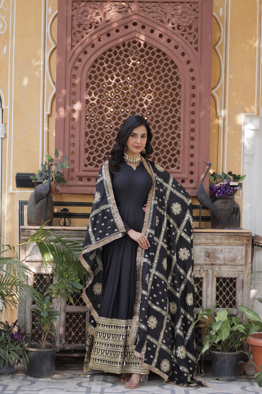 Black Traditional Indian Gown Dress With Dupatta