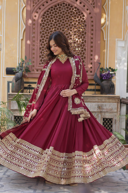 Maroon Traditional Indian Gown Dress With Dupatta