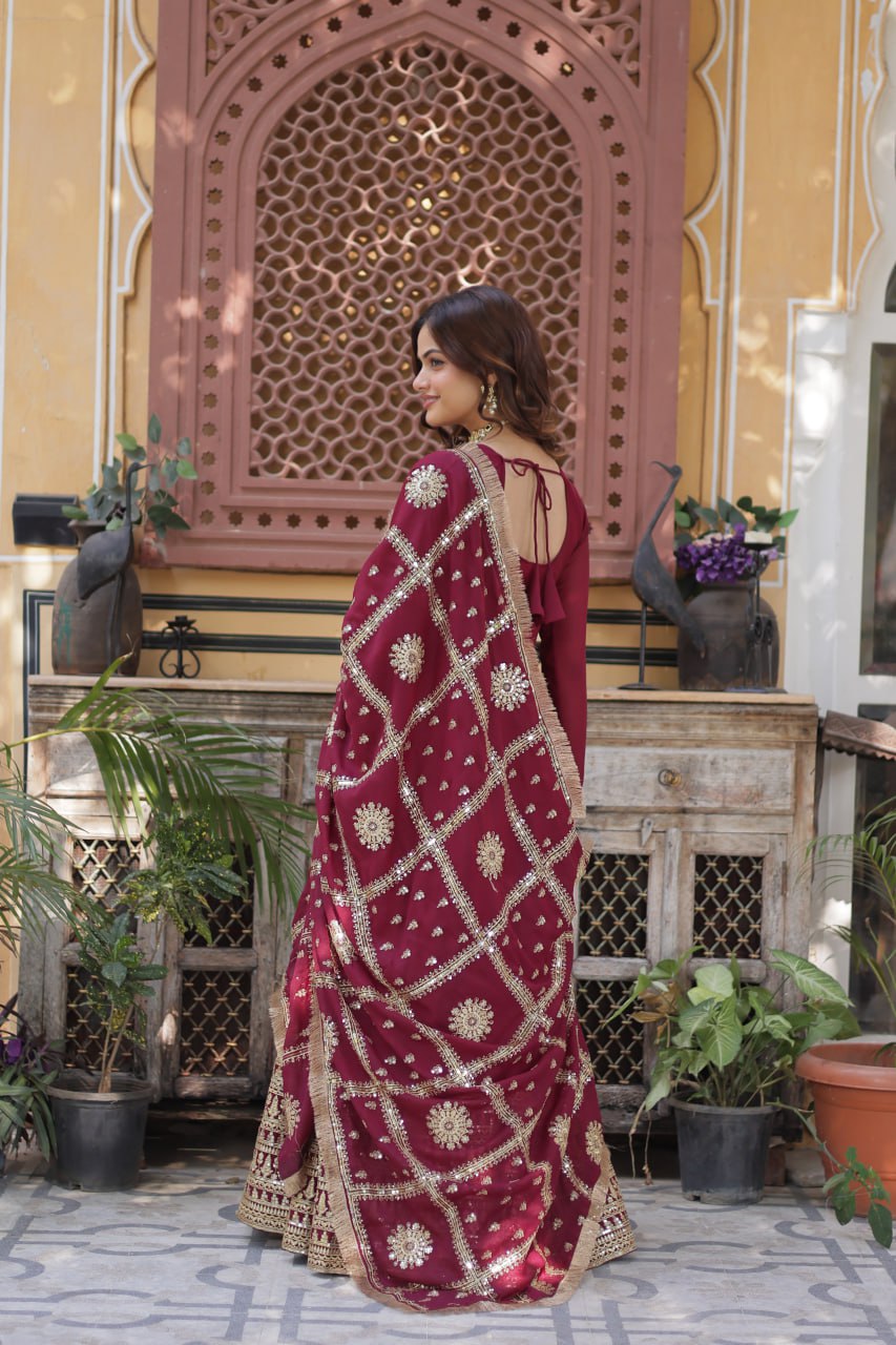 Maroon Traditional Indian Gown Dress With Dupatta