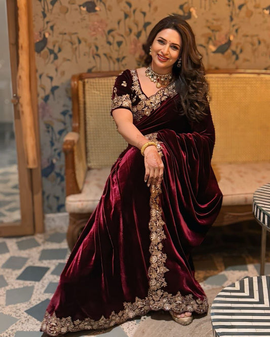 Maroon Wedding Wear Velvet Saree | Clone Design