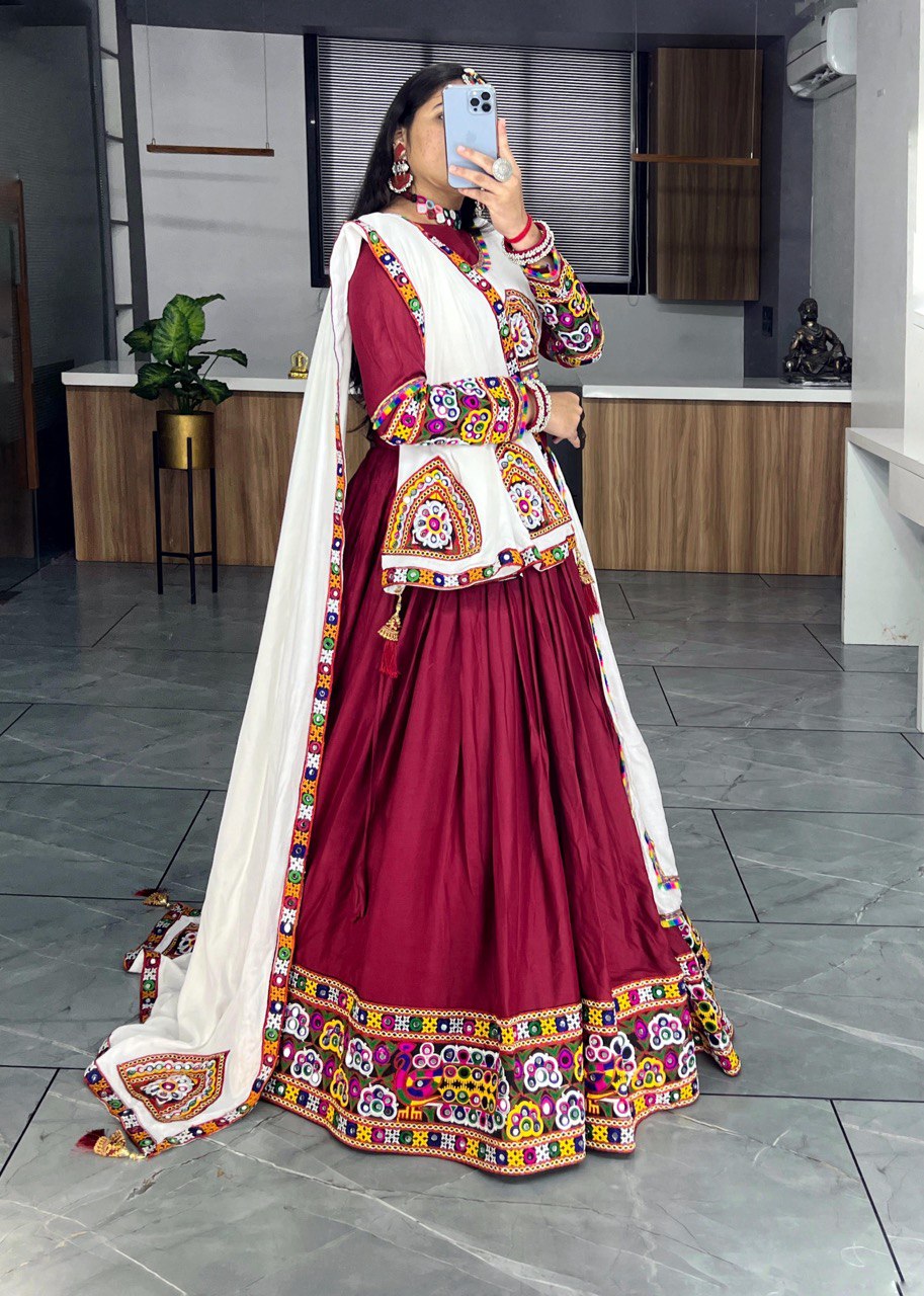 Maroon & White Designer Navaratri Wear Lehenga Choli