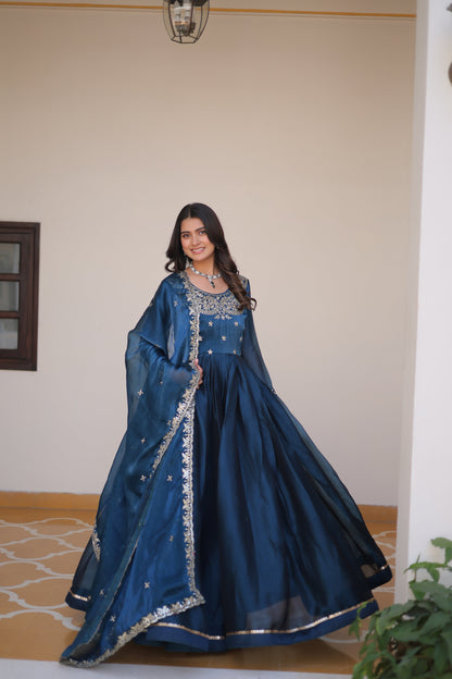 Midnight Blue Designer Burberry Silk Gown Dress With Dupatta