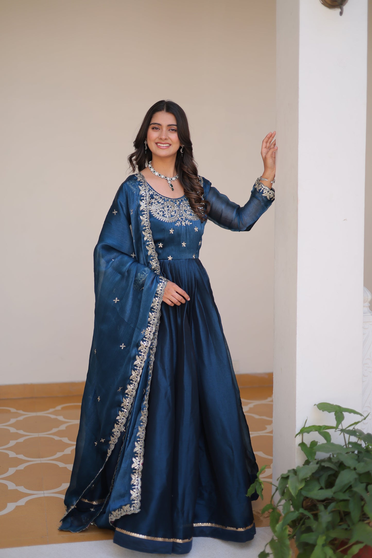 Midnight Blue Designer Burberry Silk Gown Dress With Dupatta