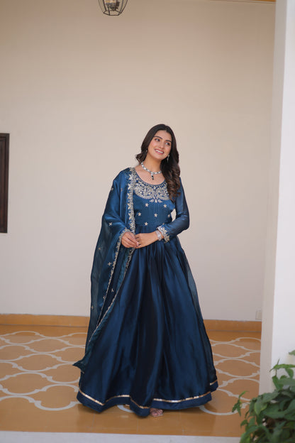 Midnight Blue Designer Burberry Silk Gown Dress With Dupatta