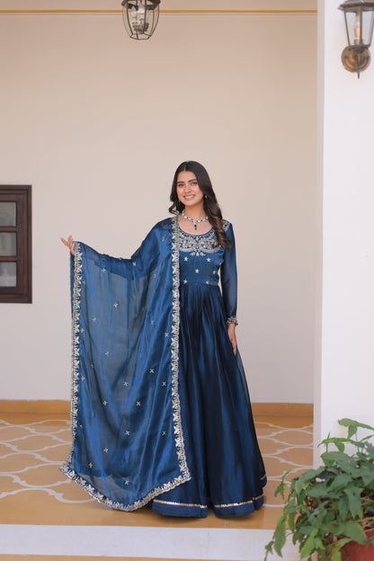Midnight Blue Designer Burberry Silk Gown Dress With Dupatta