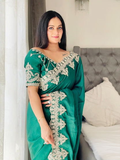 Mineral Green Designer Chinon Silk Saree