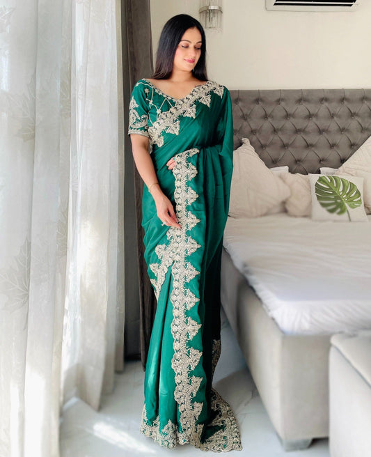 Mineral Green Designer Chinon Silk Saree