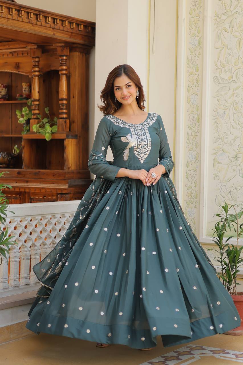 Mineral Green Designer Georgette Gown With Dupatta