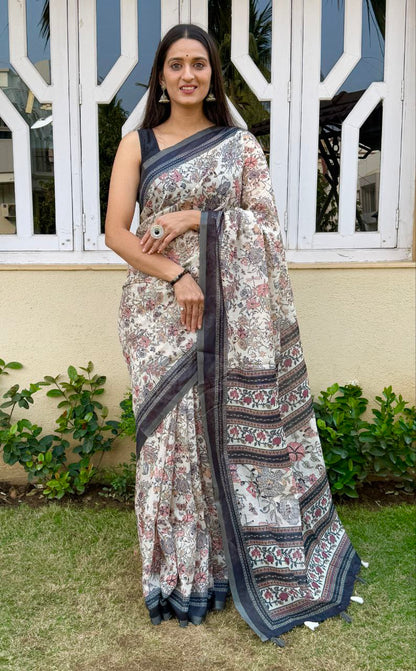 MultiColor Digital Printed Chanderi Slub Cotton Saree