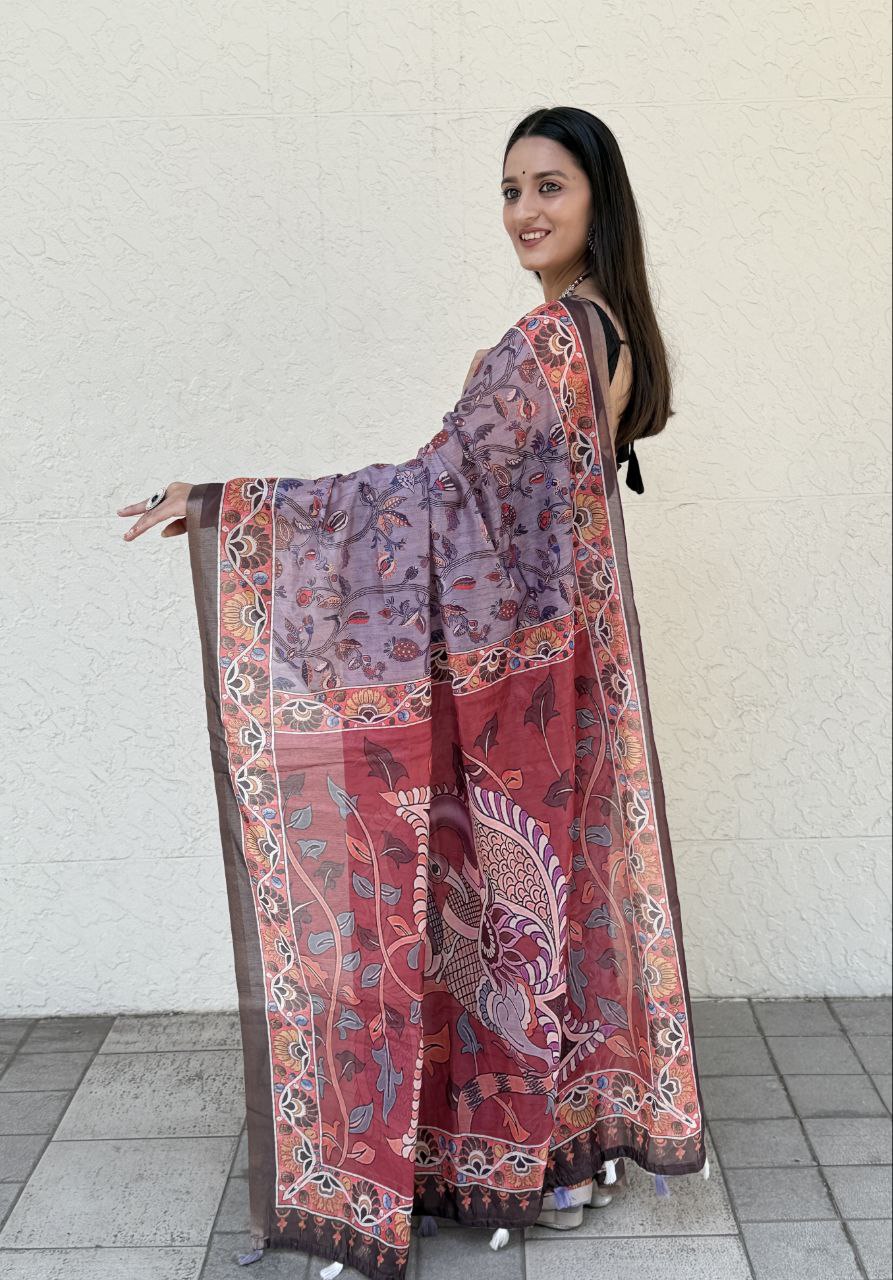 MultiColor Digital Printed Chanderi Slub Cotton Saree