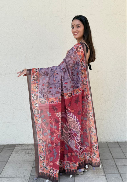 MultiColor Digital Printed Chanderi Slub Cotton Saree