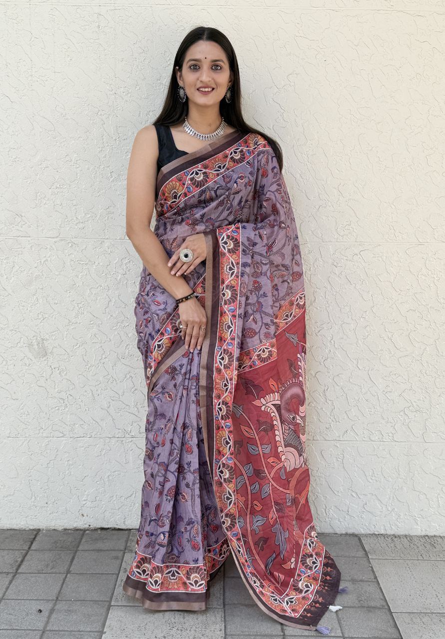 MultiColor Digital Printed Chanderi Slub Cotton Saree
