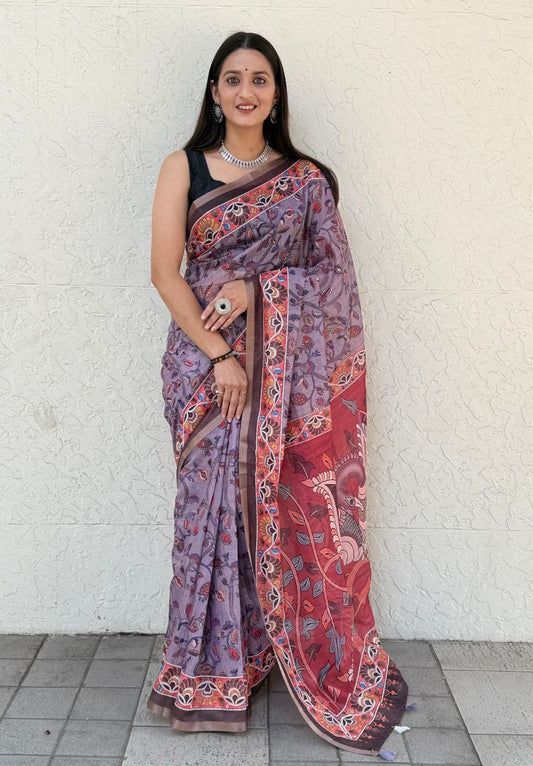 MultiColor Digital Printed Chanderi Slub Cotton Saree