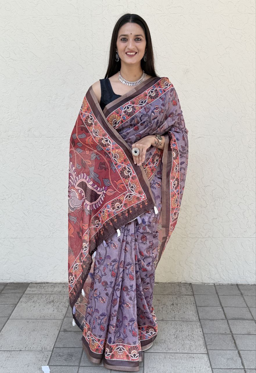 MultiColor Digital Printed Chanderi Slub Cotton Saree