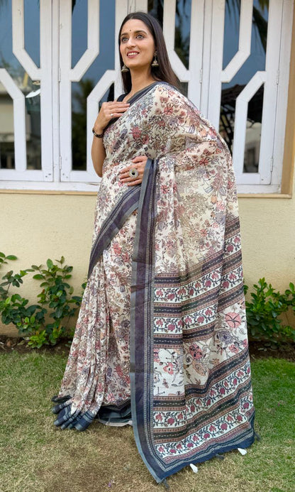 MultiColor Digital Printed Chanderi Slub Cotton Saree