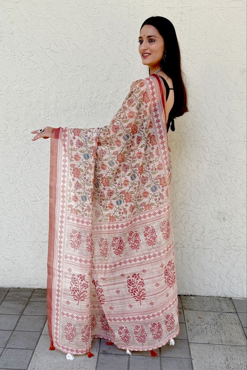 MultiColor Digital Printed Chanderi Slub Cotton Saree