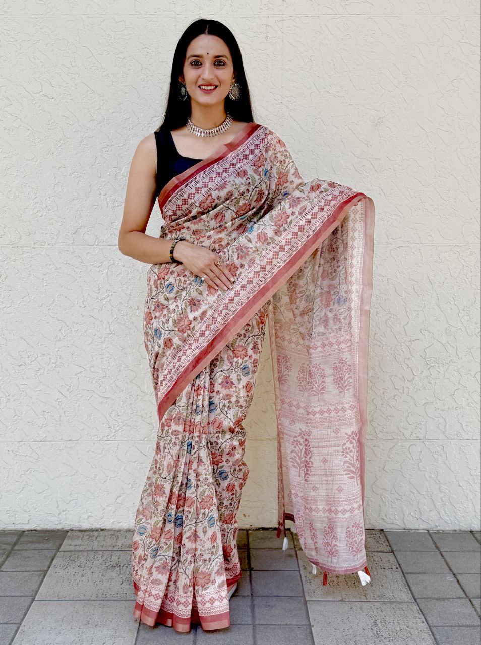 MultiColor Digital Printed Chanderi Slub Cotton Saree
