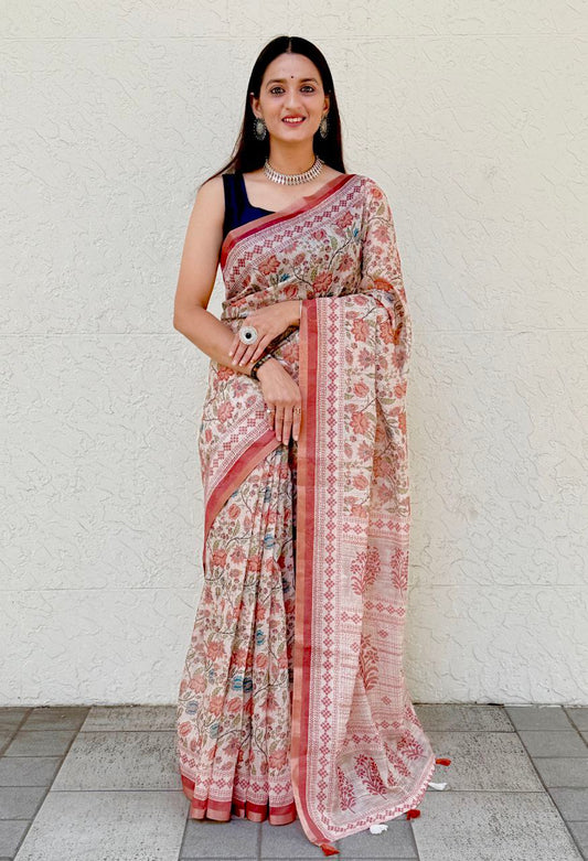 MultiColor Digital Printed Chanderi Slub Cotton Saree