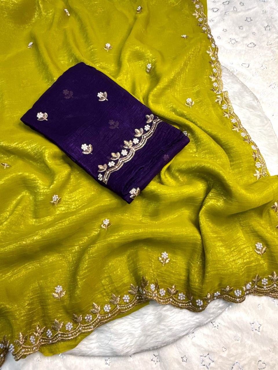 Multicolor Satin Chiffon Crush Silk Saree