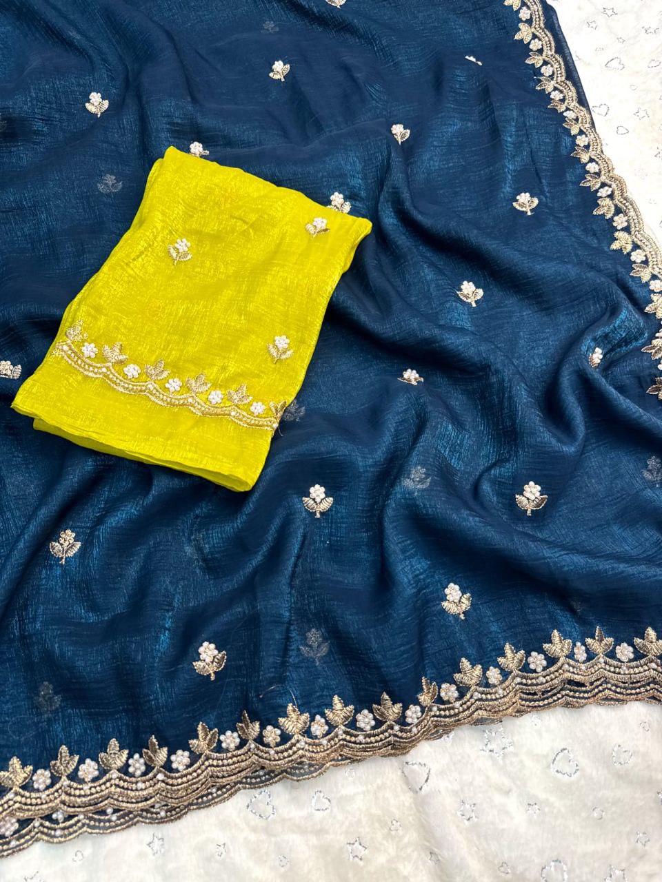 Multicolor Satin Chiffon Crush Silk Saree