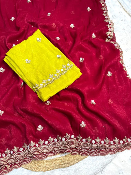 Multicolor Satin Chiffon Crush Silk Saree