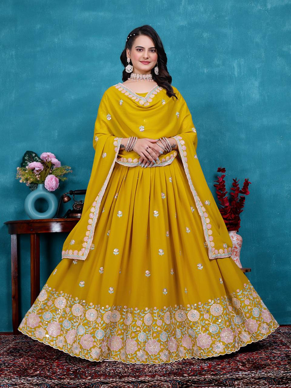 Mustard Designer Georgette Lehenga
