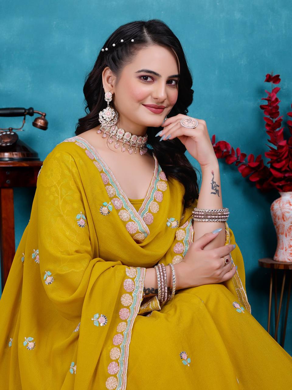 Mustard Designer Georgette Lehenga