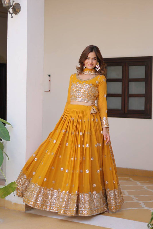 Mustard Designer Georgette Lehenga For Wedding