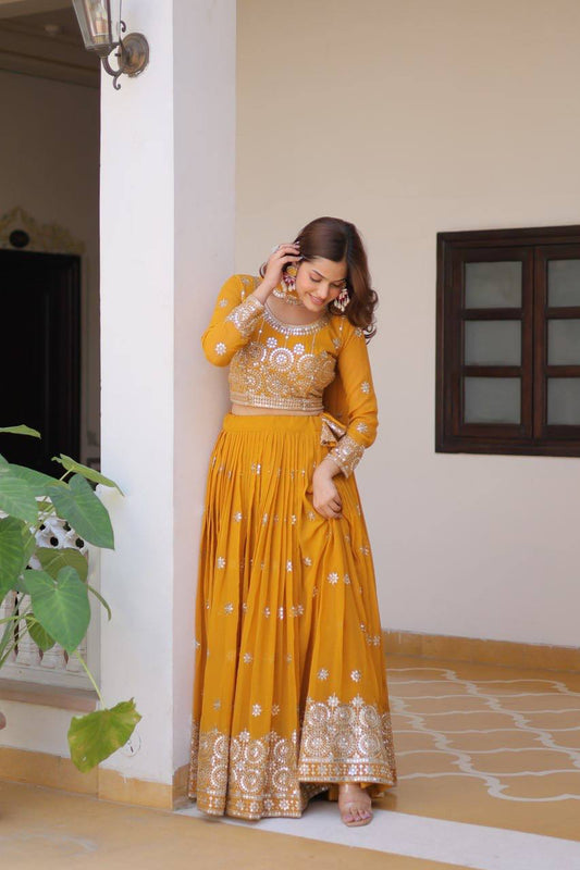 Mustard Designer Georgette Lehenga For Wedding