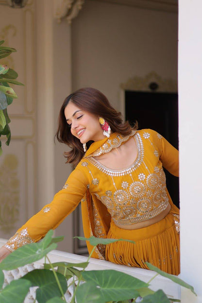 Mustard Designer Georgette Lehenga For Wedding
