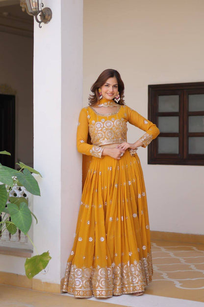 Mustard Designer Georgette Lehenga For Wedding