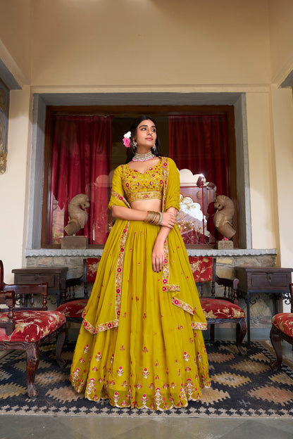 Mustard Designer Wedding Wear Lehenga